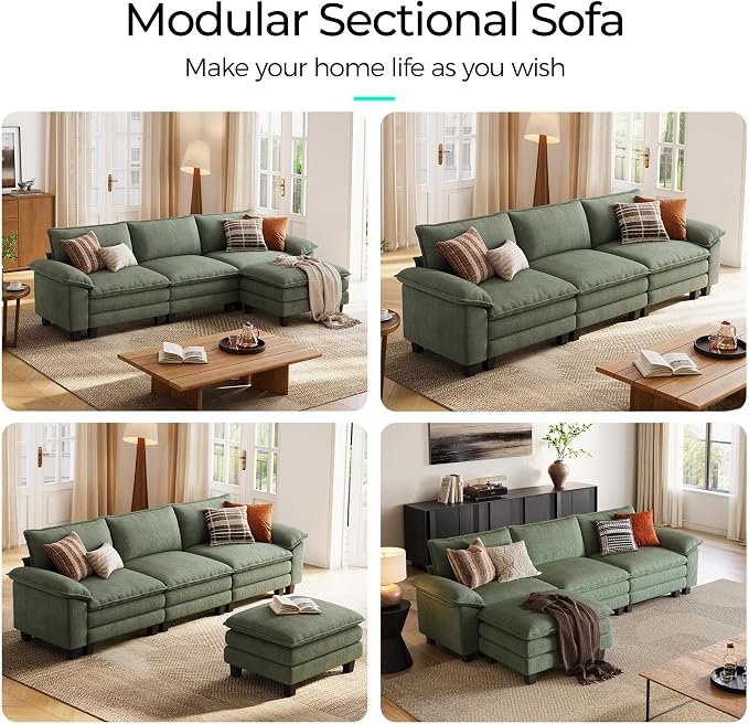 LINSY HOME 123'' Modular Sectional Sofa Green Couch Corduroy Cloud Couches - Image 6
