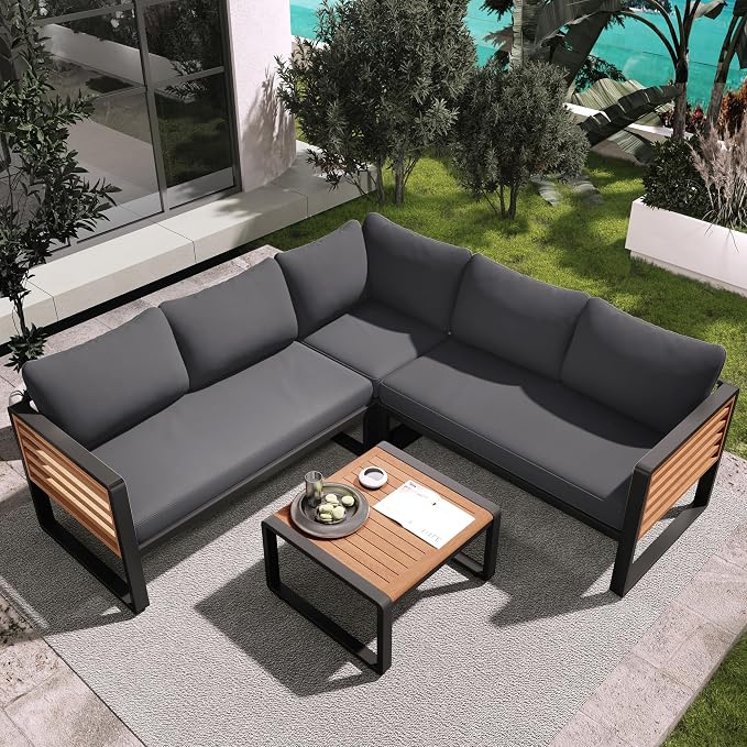 4 Pieces Outdoor Patio Conservation Set, Metal and Wood Frame Sectional by Merax