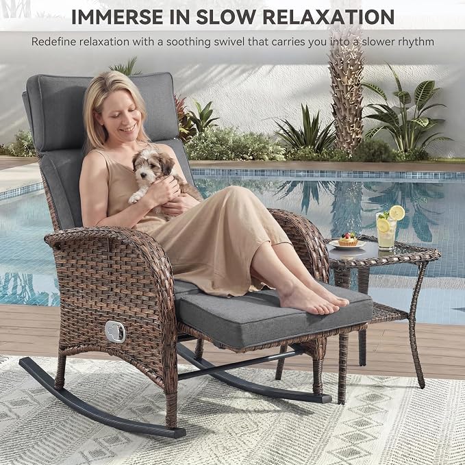 3 Pieces Zero Gravity Wicker Patio Rocking Recliner Chairs Set of 2 - Image 4