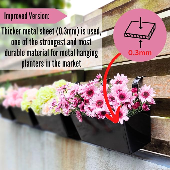 LaLaGreen Outdoor Rail Planter Large Black Metal Wall Hanging Strawberry Flower - Image 6