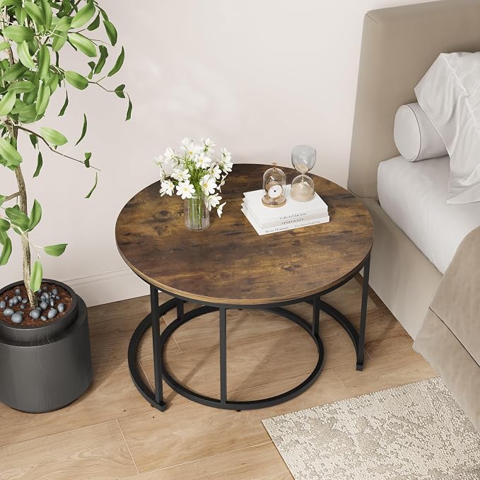 Smuxee Rustic Nesting Coffee Table Set of 2, 27.6" Round Coffee Table Wooden - Image 7