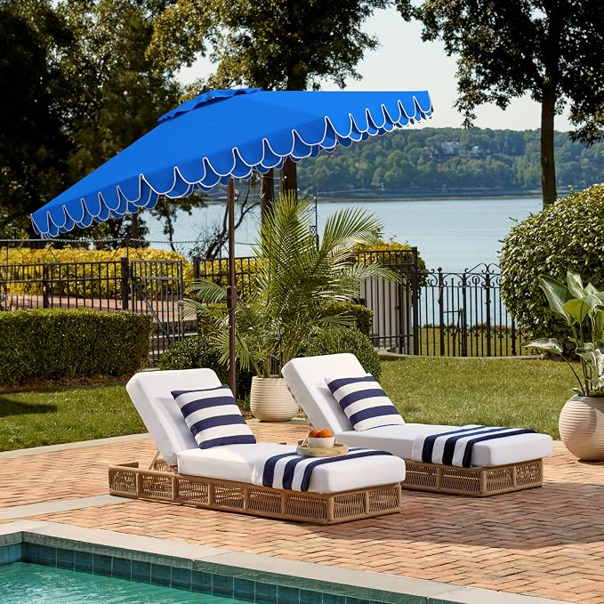 SAFAVIEH 9ft Outdoor Patio Umbrella, Pacific Blue & White Trim, Auto Crank Tilt - Image 7