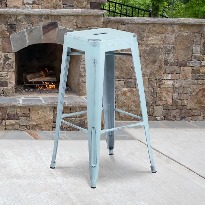 Flash Furniture Kai Commercial Grade 30" High Backless Distressed Green-Blue - Image 2