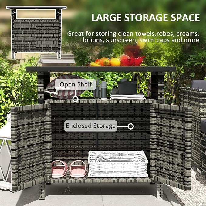 Outsunny Wicker Outdoor Storage Cabinet, Rattan Outdoor Bar Table - Image 3