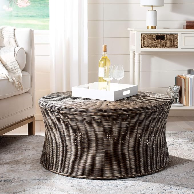 SAFAVIEH Home Collection Ruxton Dark Brown Rattan Round Coffee Table Ottoman - Image 9