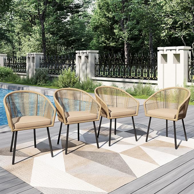 PHI VILLA Patio Wicker Chairs Set of 4, Outdoor Modern Brown Rope Rattan Chairs by PHIVILLAThepioneerofcomfortablehouseholdsupplies