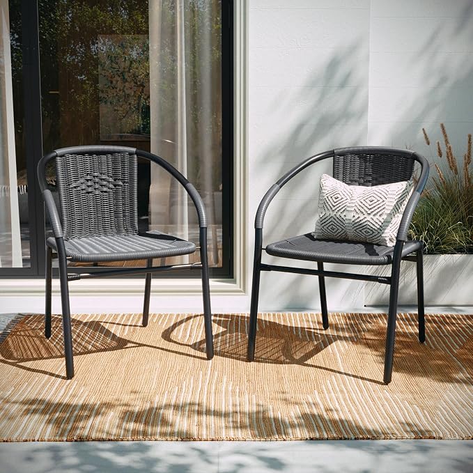 EMMA + OLIVER Set of 2 Modern Rattan Indoor/Outdoor Stack Chairs, Stacking by EMMAOLIVER