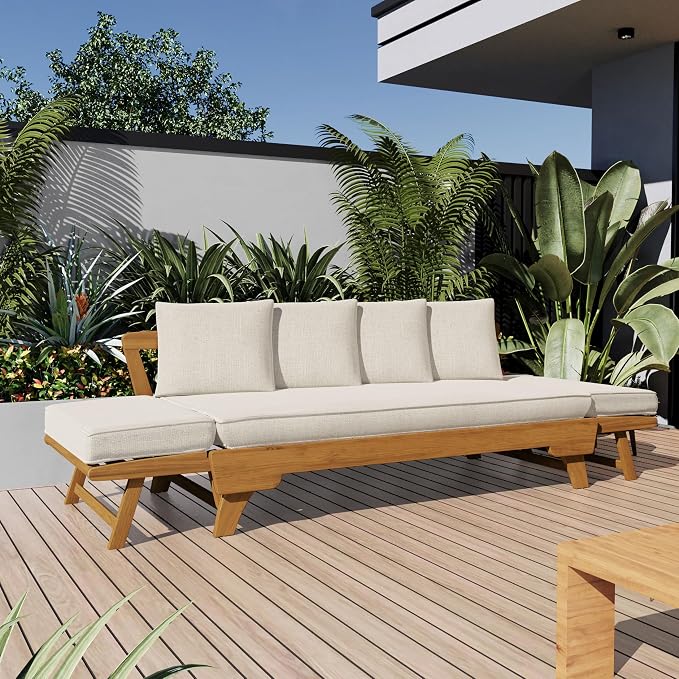 Christopher Knight Home Gary Patio Convertible Couch, Wooden Outdoor Daybed - Image 4