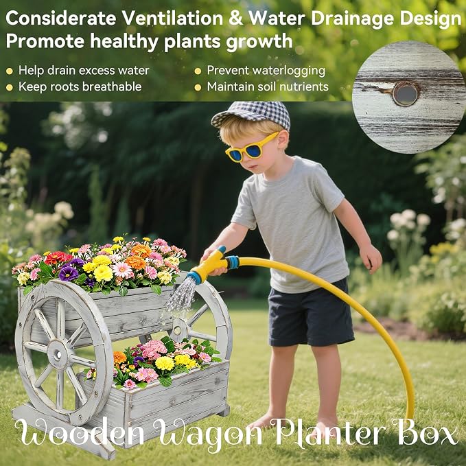 NestNature Wooden Wagon Planter Box, Raised Garden Bed, Decorative Garden - Image 9