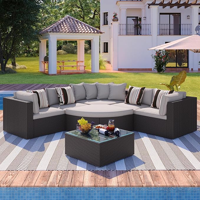 Merax 7-Piece Outdoor Wicker Sectional Sofa Set, Modular Rattan Conversation Set - Image 2