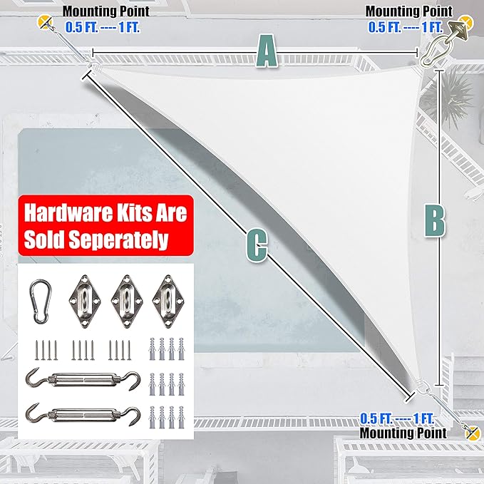 Amgo Custom Size 17' x 23' x 28.6' White Right Triangle Sun Shade Sail UPF50+ - Image 8
