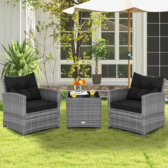 Tangkula 3 Pieces Patio Furniture Set, Outdoor PE Rattan Conversation Chair Set - Image 8