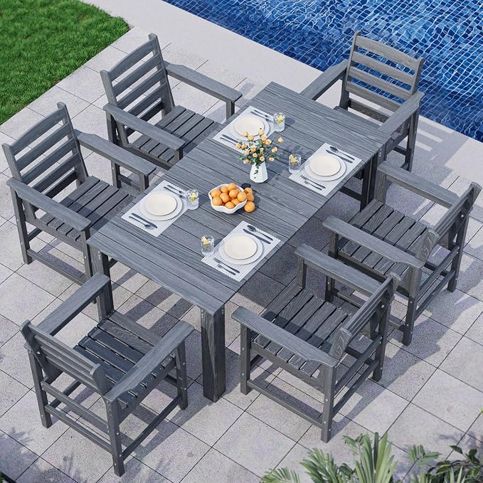 Outdoor HDPE Dining Table Set, 7-Piece Outdoor Dining Table Sets, Wood Grain by Unknown