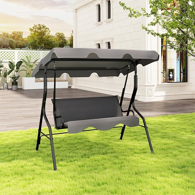 Porch Swing Outdoor, 3 Person Patio Swing w/Removable Cushion, Stand & - Image 2