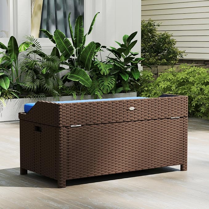 Outsunny Outdoor Wicker Storage Bench Deck Box, PE Rattan Patio Furniture Pool - Image 9