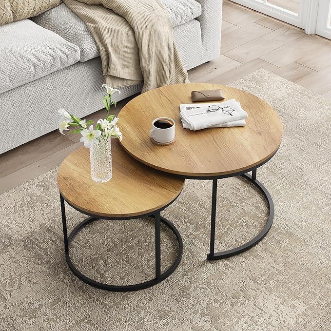 Smuxee Nesting Coffee Table Set of 2, 27.6" Round Coffee Table Wood Grain Top - Image 7
