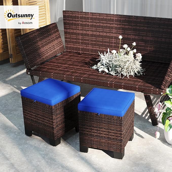 Outsunny 2 Pieces Outdoor Patio Ottomans, All Weather Wicker Outdoor Footstools - Image 2