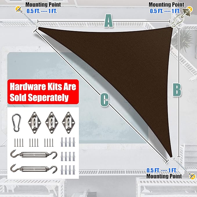 Amgo 10' x 10' x 14' Brown Right Triangle Sun Shade Sail UPF50+ Canopy Awning - Image 7