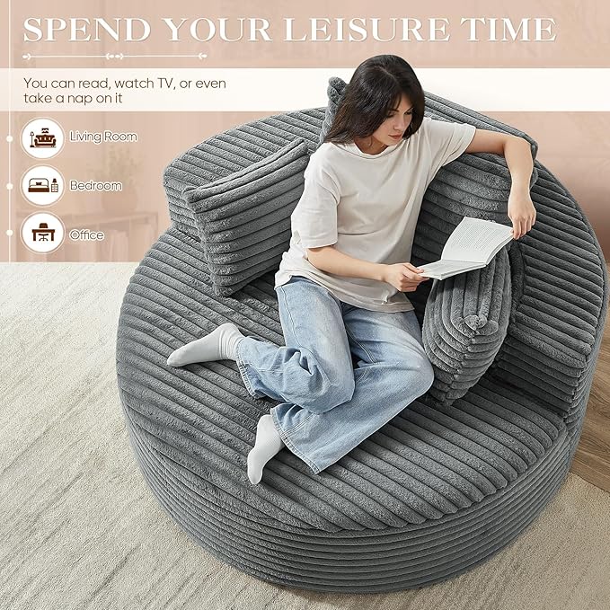 Oversized Round Chaise Longue Chair Indoor, Modern 55-inch Upholstered Corduroy - Image 6