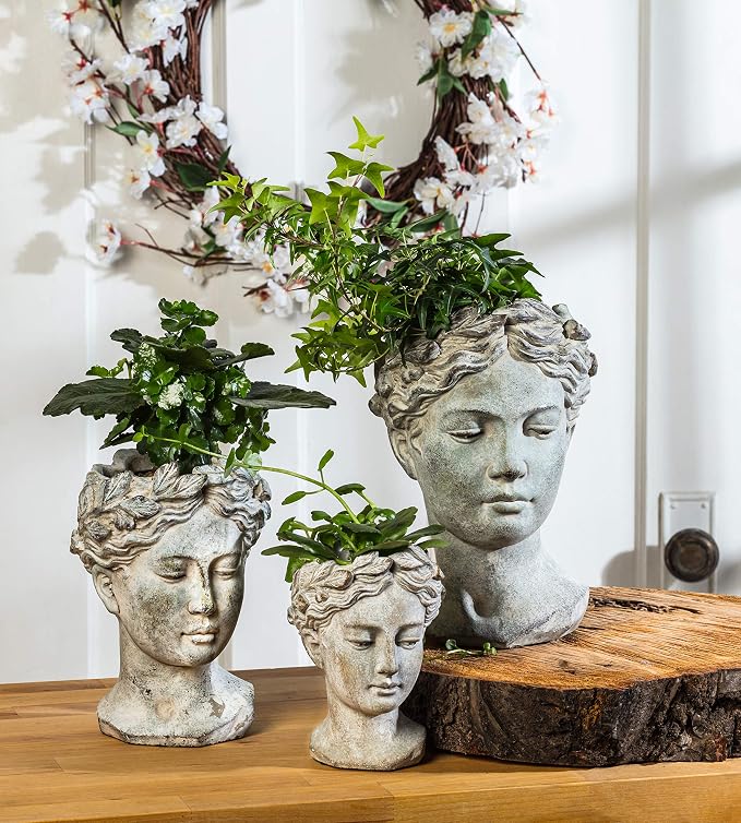 Abbott Collection Goddess Head Planter – Extra Small Cement Indoor and Outdoor - Image 4