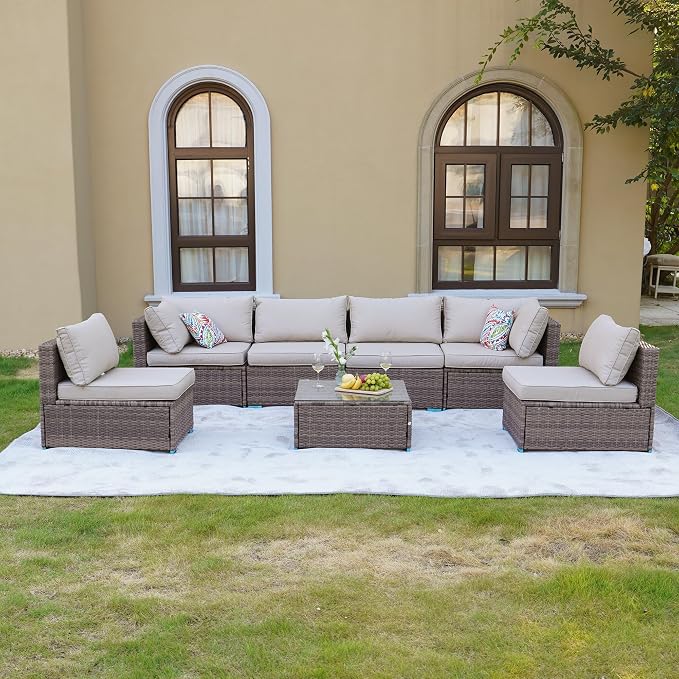 7 Piece Outdoor Patio Furniture Sets, Outdoor Wicker Conversatin Set w Glass - Image 8