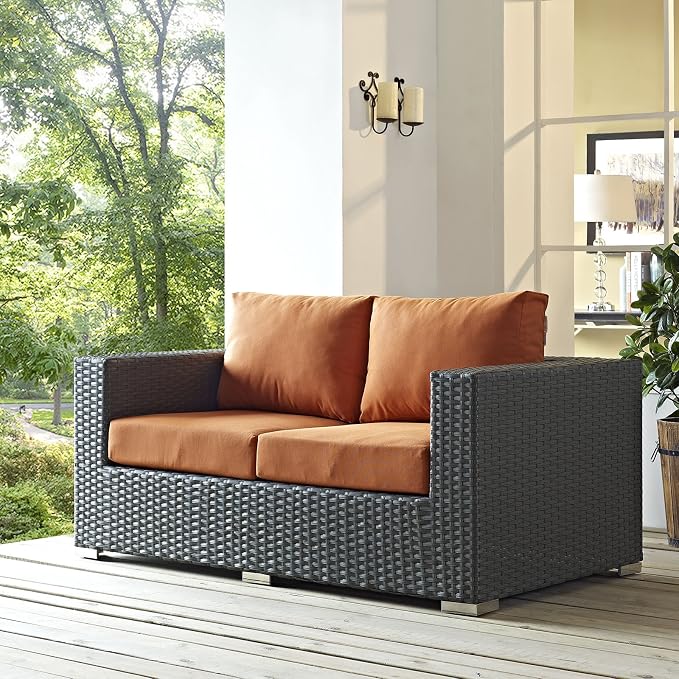 Modway Sojourn Wicker Rattan Outdoor Patio Sunbrella Fabric Loveseat in Canvas - Image 2