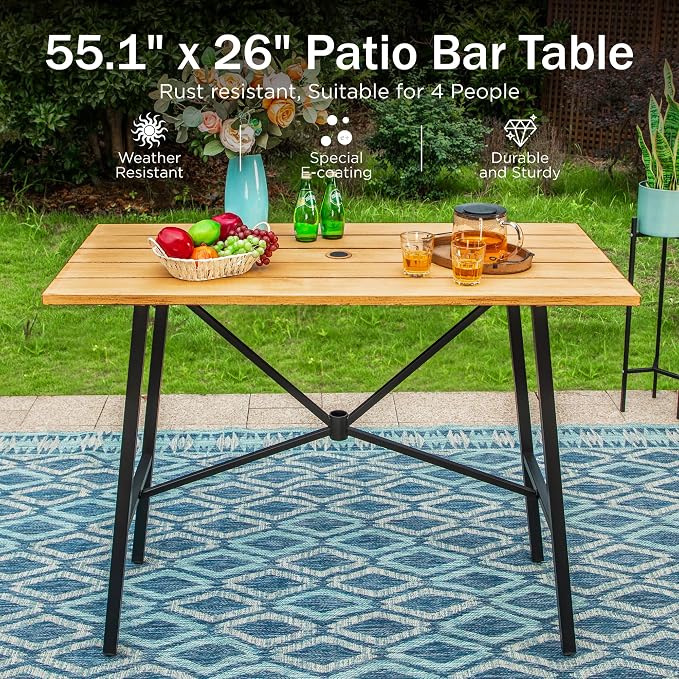 PHI VILLA Bar Height Patio Dining Table, Rectangle Steel Slatted Bar Dining - Image 3