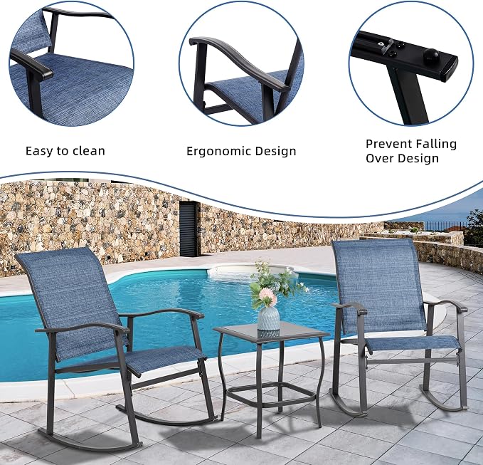 Vongrasig 3 Piece Outdoor Rocking Bistro Set, Textilene Fabric Small Patio - Image 4