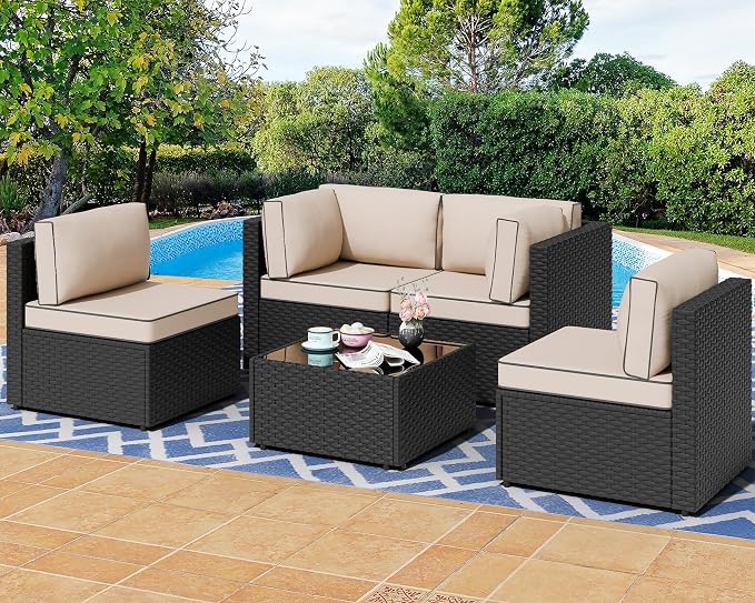 Shintenchi 5 Pieces Outdoor Patio Sectional Sofa Couch, Patio Conversation Sets by Shintenchi