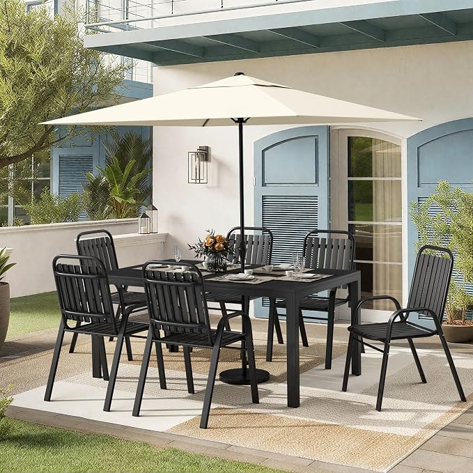 Pamapic Outdoor Dining Sets for 6, Rectangular Steel Slat Table by Pamapic