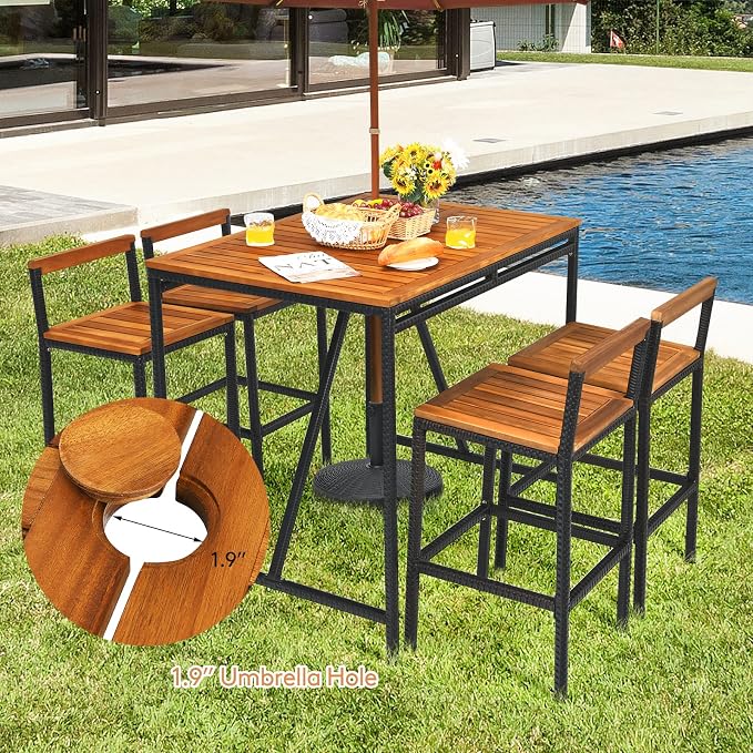 Tangkula 5-Piece Outdoor Acacia Wood Bar Table Set, Bar Height Outdoor and - Image 2