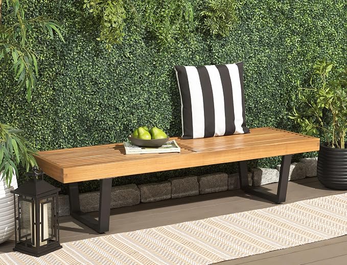 SAFAVIEH Outdoor Patio Furniture Heather Natural Brown Solid Wood & Black Legs - Image 2