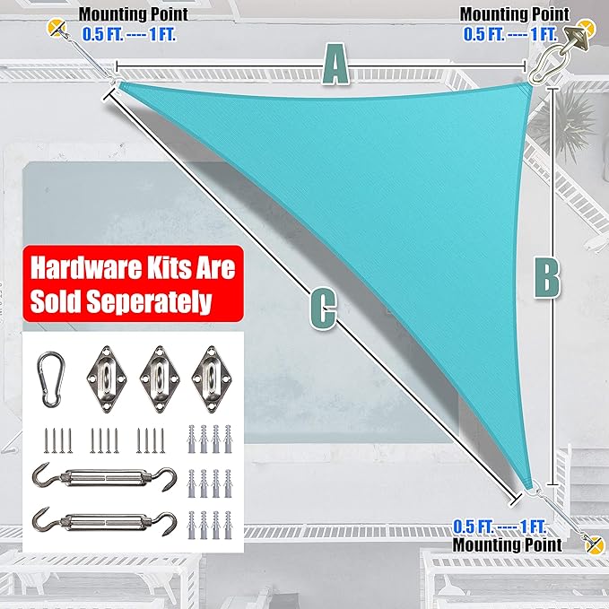 Amgo Custom Size 11' x 11' x 15.6' Turquoise Triangle Sun Shade Sail Order to - Image 7