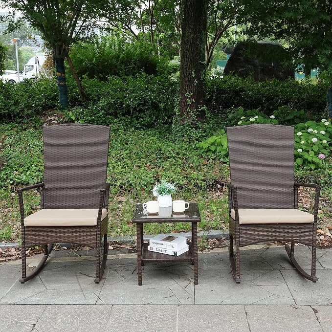 Outdoor Rocking Chair 3 Pieces High-Backed Rocking Chair Patio Rocking Chairs - Image 3