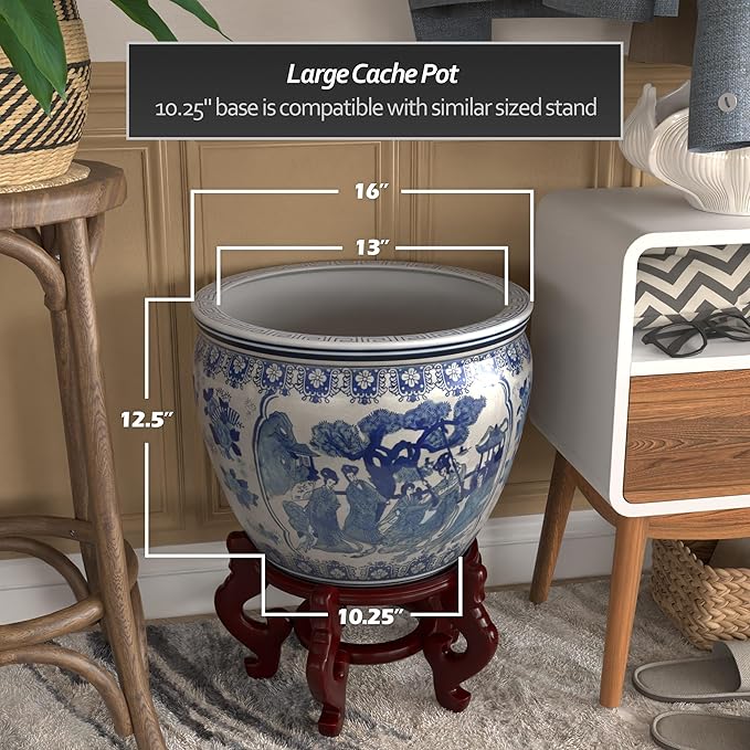 Red Lantern Oriental Furniture 16" Ladies Blue & White Porcelain Fishbowl - Image 4