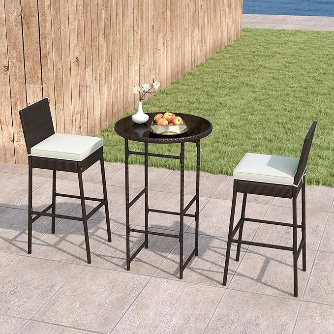 Tangkula 3 Piece Outdoor Bar Set, Patio Rattan Bar Height Heavy Duty Metal - Image 3