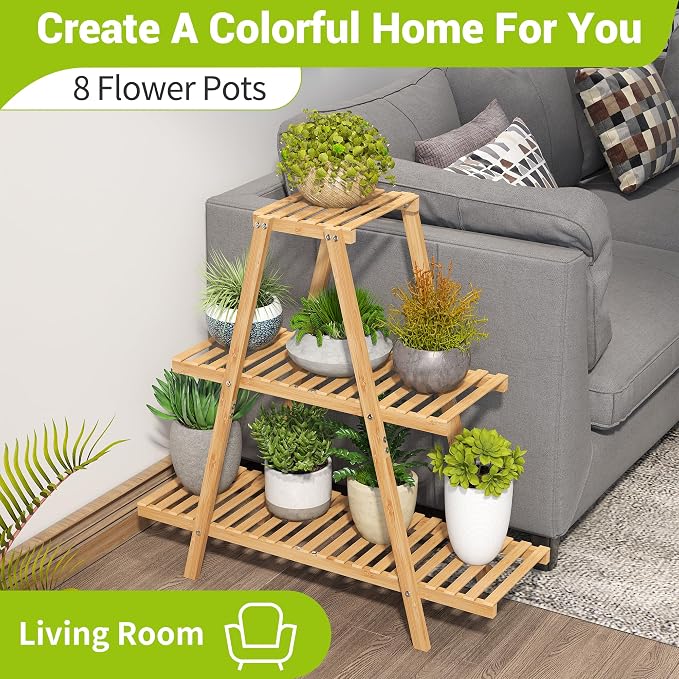 BMOSU Plant Stand Bamboo for Indoor Outdoor Tiered Plant Shelf 8 Potted Flower - Image 3