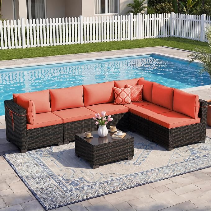 LEVELEVE 7 Pieces Outdoor Patio Furniture Sets, Rattan Conversation Sectional - Image 7