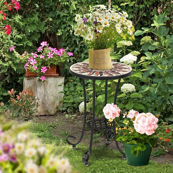 VINGLI Mosaic Outdoor Side Table, Accent Table, Ceramic Tile Top Black Iron - Image 7
