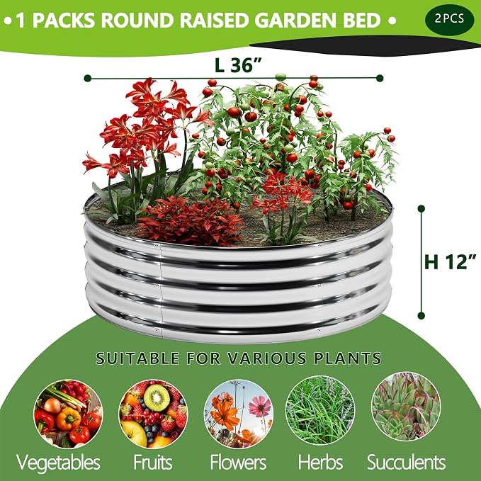 2PCS 3x3x1FT Galvanized Raised Garden Bed Kit, Vegetable Boxes-Round Metal - Image 2