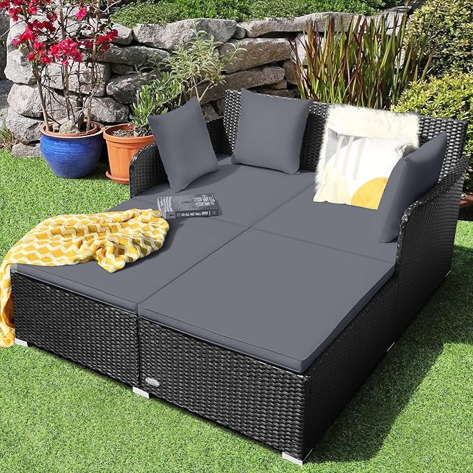 HAPPYGRILL Outdoor Rattan Daybed Patio Loveseat Sofa Set - Image 4