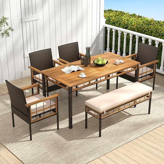 Tangkula 6 Pieces Patio Dining Table Set, Outdoor Rectangular Acacia Wood Table - Image 2