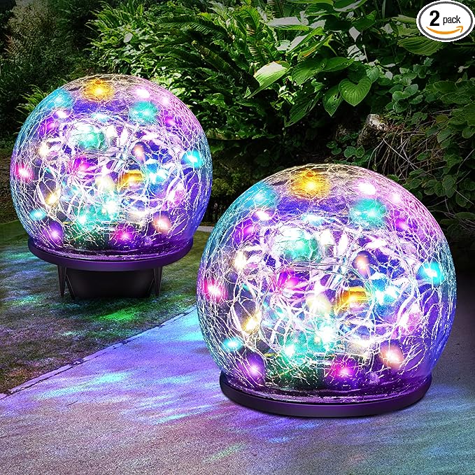 Solar Garden Lights, 2 Pack 80 LED Multicolor Cracked Glass Solar Outdoor by Keevvon