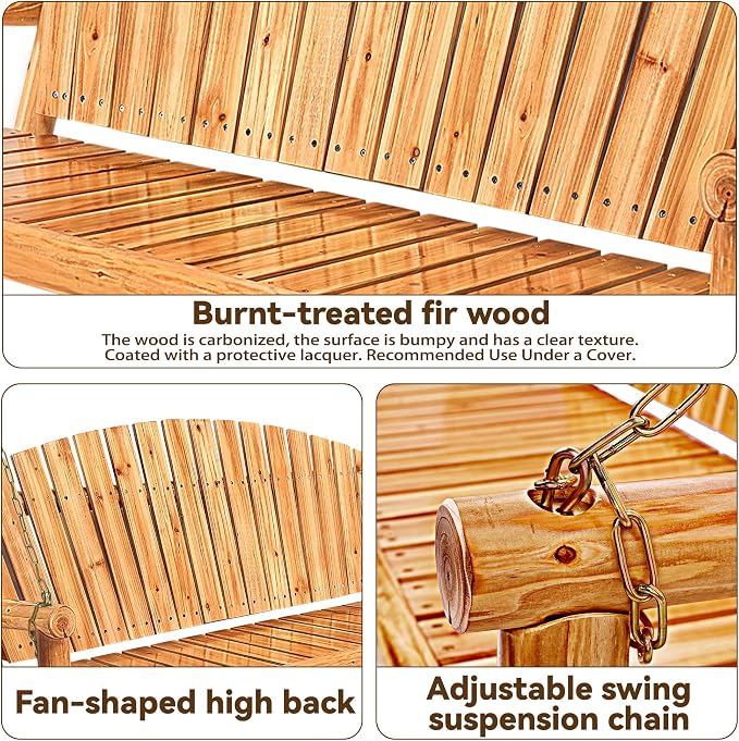 Outdoor Porch Swing Front Porch Hanging Wooden Bench Swing 3 Seat Chair - Image 5