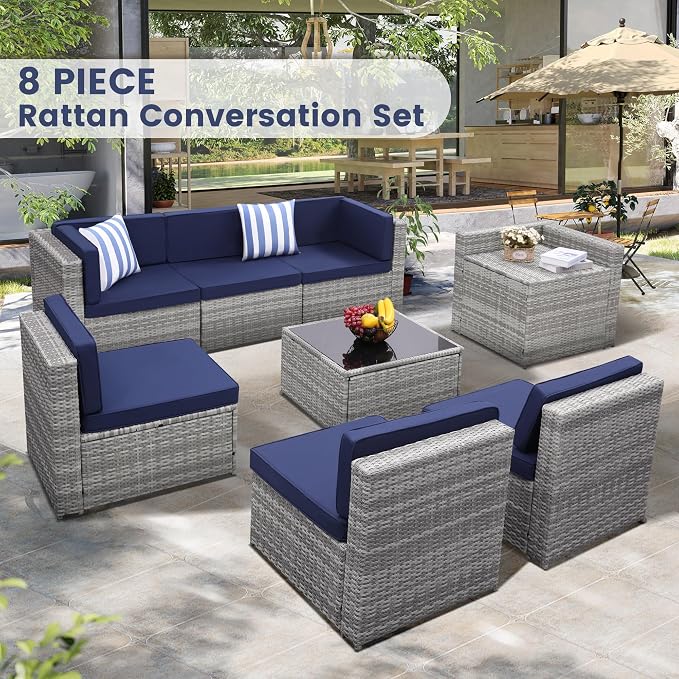 8-Piece Patio Furniture Set, Outdoor Wicker Rattan Sectional - Image 2