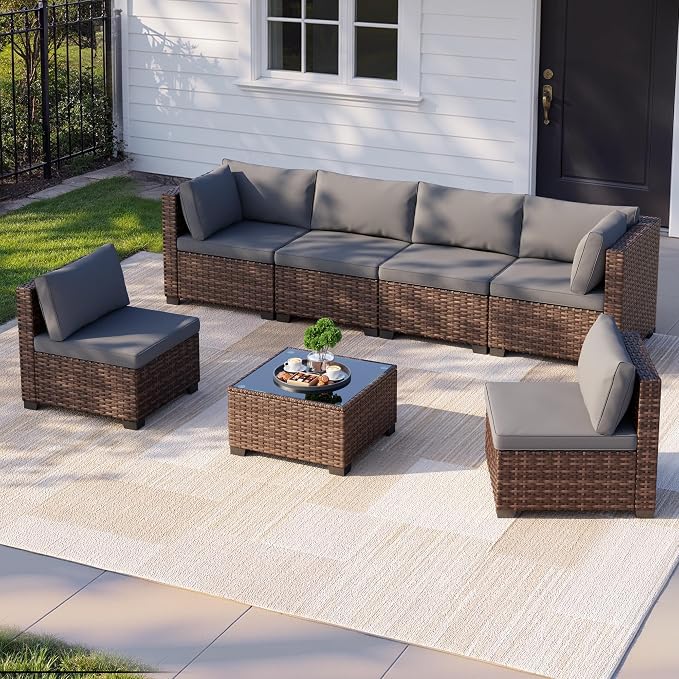7 Pieces Patio Furniture Set, Outdoor Sectional Rattan Sofa Set, Wicker Patio - Image 7