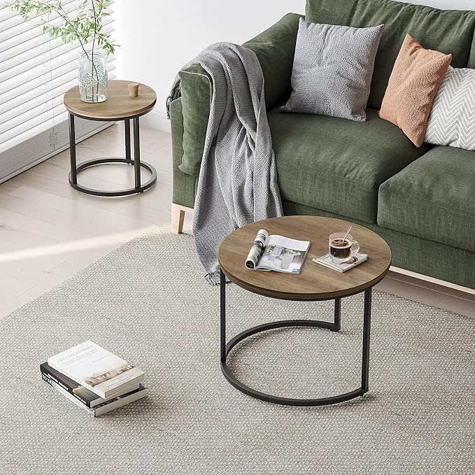 Smuxee Nesting Coffee Table Set of 2, 23.6" Round Coffee Table Wood Grain Top - Image 7