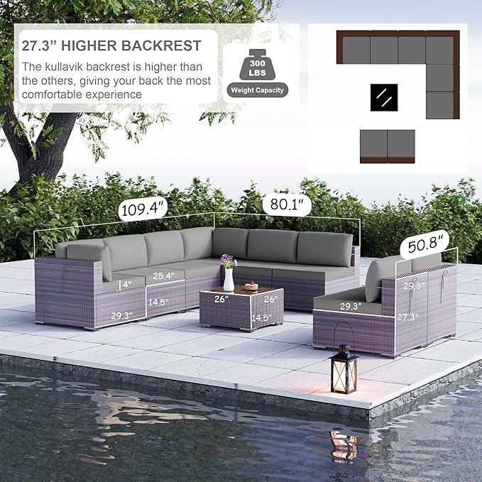 Kullavik 9 Pieces Outdoor Patio Furniture Set, Outdoor Sectional Rattan Sofa - Image 2