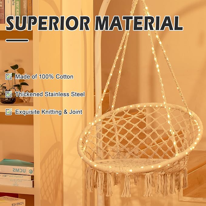 Sonyabecca LED Macrame Hammock Hanging Swinging Chair, Indoor/Outdoor Hanging - Image 2