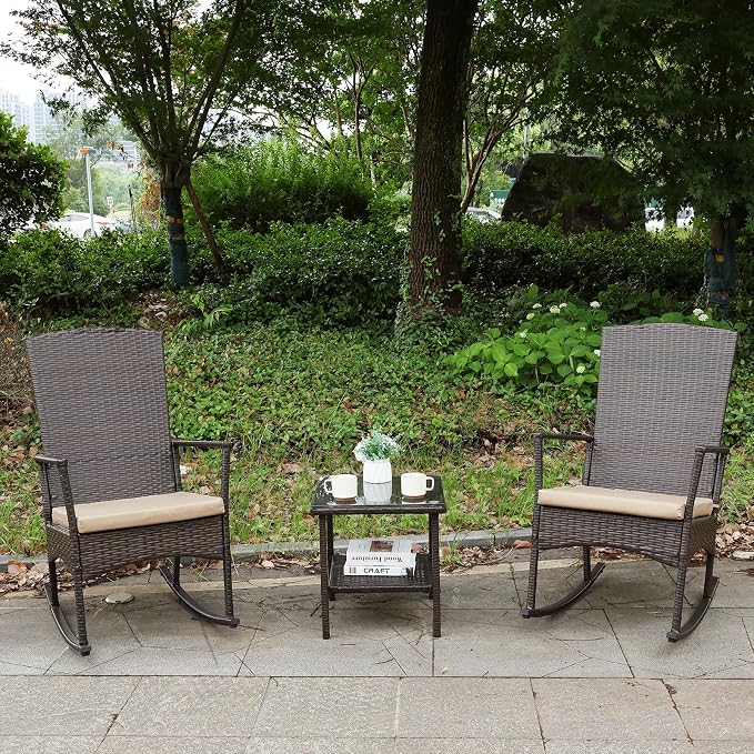 Outdoor Rocking Chair 3 Pieces High-Backed Rocking Chair Patio Rocking Chairs - Image 7